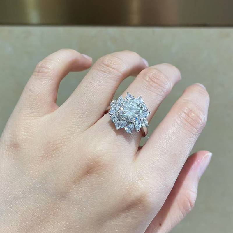 豪华太阳花Women's RingS925银镀白金定制选款主石Moissanite3.0ct/副石高碳钻